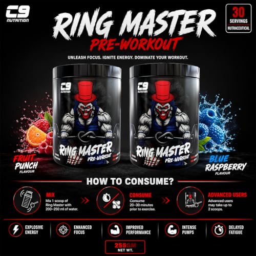 Image of C9 Nutrition Ring Master Pre Workout Powder for Men & Women | 30 Servings | 255gm | Blueberry Flavor | 3000mg Beta Alanine, Citrulline Malate, Taurine & Creatine | High Energy, Pump, Strength & Focus