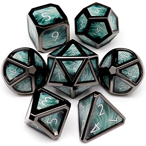 Haxtec Metal DND Dice Set Feather Fall Real Scene Black Silver Grey Polyhedral Dice W/PU Leather Dragon Eye Dice Bag for TTRPG D&D Dungeons and Dragons Role Playing Games