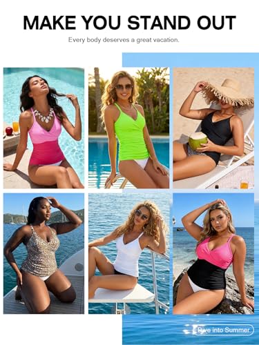 Image of RELELCIGA Women's Tankini Top V Neck Ruched Tummy Control Bathing Suit Top