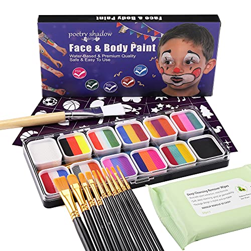 CCbeauty Professional Rainbow Face Paint Kit Colorful Water Activated Unicorn Body Paint Stroke Split Cakes Palette, Come with 11 Brushes,4 Sheet Face Paint Stencils,a Make-up remover wipes (5)