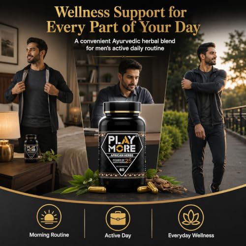Image of Play More African Herbs Capsules for Men | 25 Ayurvedic Herbs with Ashwagandha, Safed Musli, Shilajit, Kaunch Beej & Tribulus | Men's Daily Wellness Support | 800mg | 60 Capsules