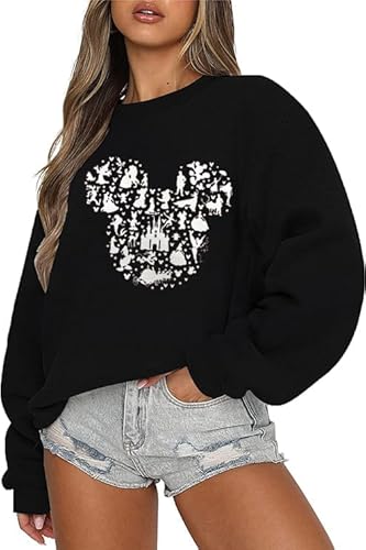 kecukqay Magic Kingdom Castle Sweatshirts For Women Castle Fairy Graphic Sweatshirt Family Holiday Vacation Casual Pullover Black