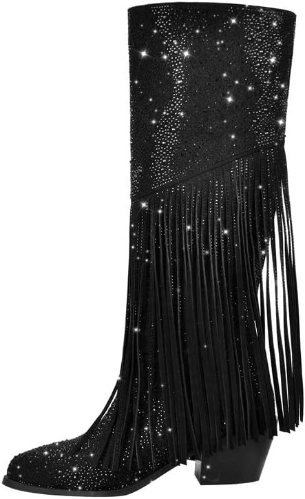 sexytag Rhinestone Sparkly Boots for Women Knee High Fringe Chunky Low Heel Pointed Toe Pull-On Side Zipper Boots