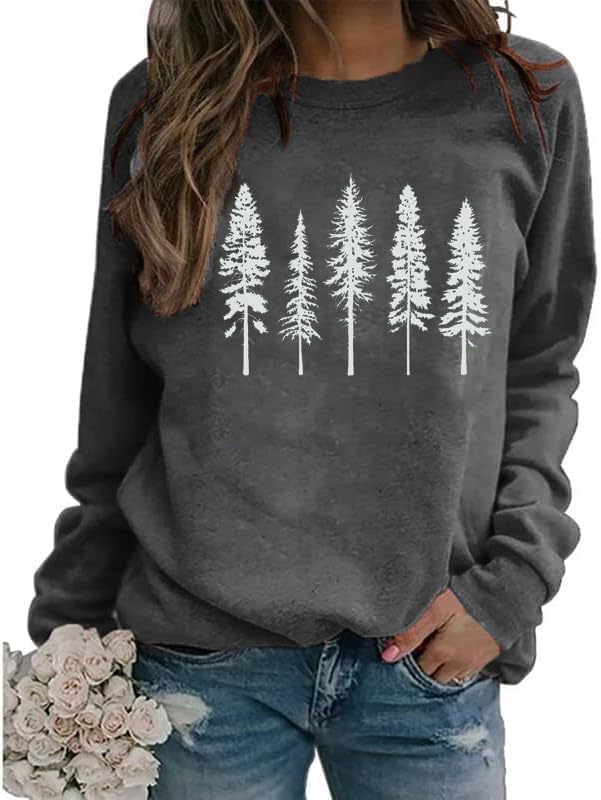FCDIED Sudadera divertida para mujer, diseño de árbol de pino, casual, para otoño, senderismo, viajes, manga larga, cuello redondo, sin botones