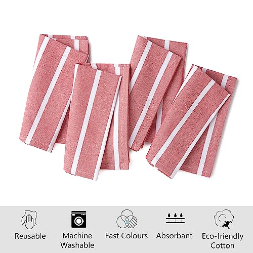 Image of Encasa XO Dining Table Napkins Set of 12, 43x43 cm | Machine Washable Reusable, Recycled Cotton Cloth Napkin, Soft & Absorbent, Table Decor for Hotels, Farmhouse - White & Roma Red Stripes