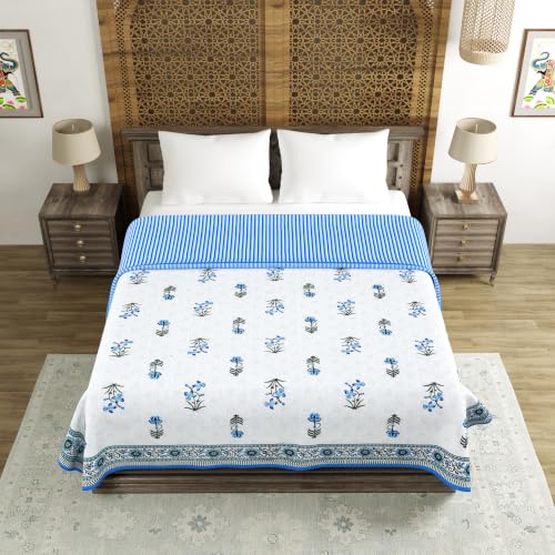 Image of BLOCKS OF INDIA 100% Cotton Dohar King Size Reversible Hand Block Printed Malmal Summer Dohar /Blanket (Blue Green Flower)