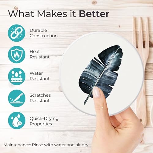 Image of The Better Home Diatomite Coaster Set of 6 with Cork Steel Holder (Dia - 10cm, Thick - 8mm) | Tea Coaster |Cups /Coffee Mugs /Glasses Coaster Set | Dining Table Accessories for Home (Leaf Print)
