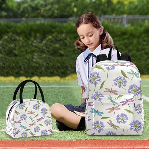 Sac à dos étanche avec boîte à déjeuner libellules rétro et fleurs