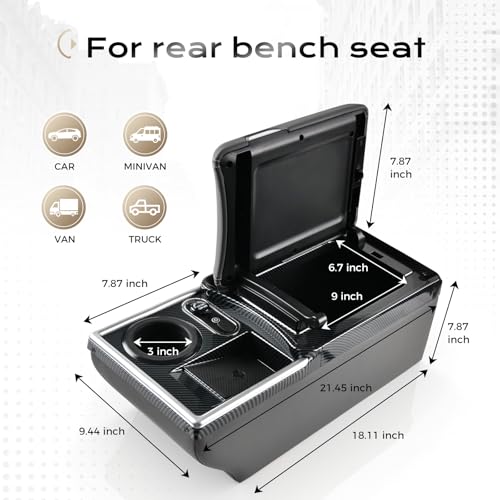 Image of Coverado Center Console, Universal Bench Seat Center Console with Wireless Charging & Cup Holder & 7 Light Modes, Truck Back Seat Car Organizer, Rear Central Car Armrest Box with Storage, Gray