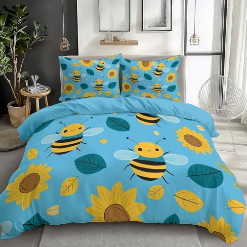 Duvet Cover King Size Cartoon Bee Sunflower Reversible 3 Pieces Duvet Cover Set, Bedding Set for All Season, Soft and Breathable Bedding Set with Zipper Closure
