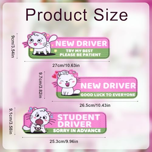 Image of 3pcs Magnetic Student Driver Stickers, Cat Novice Driver Magnet Adhesive Style Reflective New Driver Stickers Novice Driver Logo Gift for New Student Learner Driver Car Bumper Safety Sign