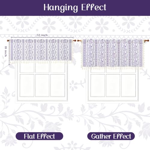 Image of Yinhua Boho Valance Curtains Vintage Linen Kitchen Valances for Windows Light Filtering Bohemian Floral Valance Rod Pocket Tassel Window Valances for Bathroom Cafe, 52 inch W X 18 inch L, White Purple