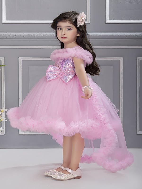 Image of Ministitch Kids Girls Barbi Tail Look Sequence Yoke Net Off Shoulder Party Bithday wear Frock and Dresses