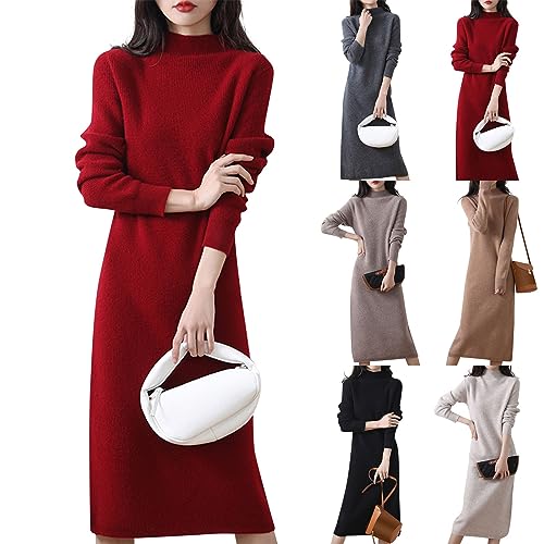 Sweater Dress for Women Trendy Half High Collar Knitted Dress Casual Fall Winter Long Sleeve Elegant Midi Dress4