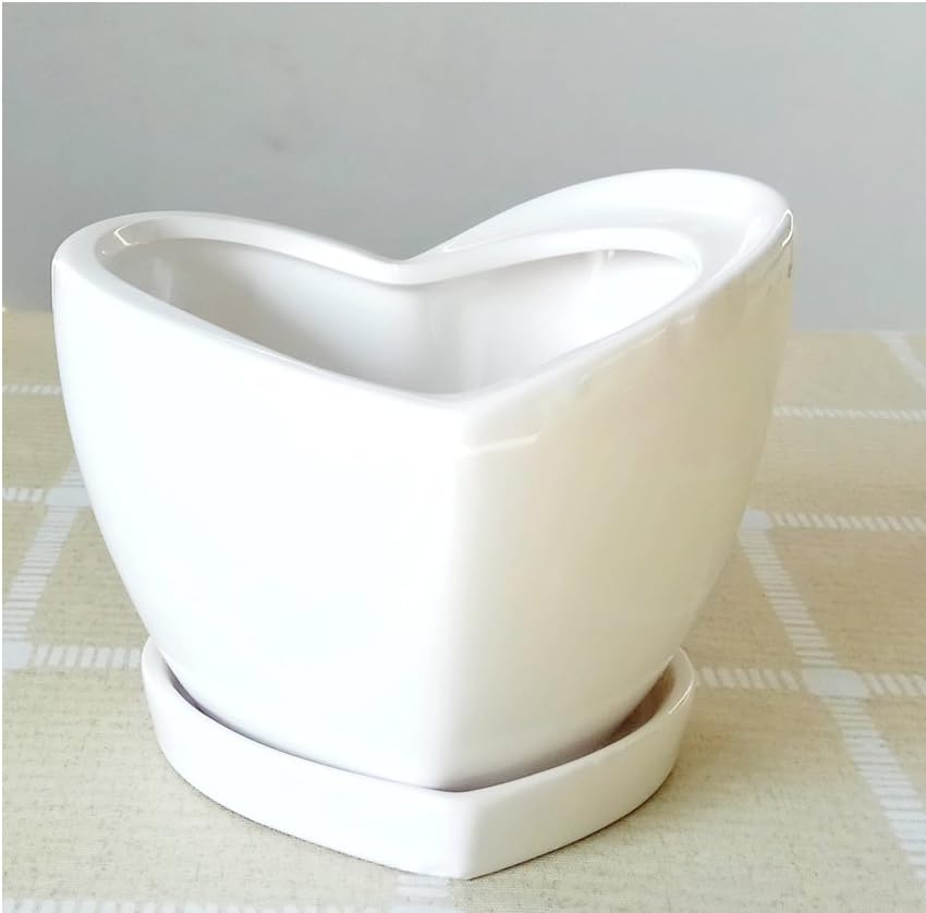 Better-way Heart Shaped Ceramic Succulent Plant Planter With Tray Cute Cactus Container Pots Indoor Planters Decorative (White)