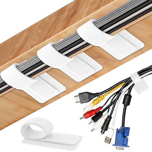 25 Paar Kabelmanagement, Kabelhalter Selbstklebend, Wiederverwendbar Kabelmanagement Schreibtisch Kabelbinder Klett Kabel Organizer (25 Paar Kleine + 1 Stück Große) (Weiß)