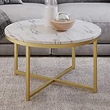 Coffee Table with Faux Marble Top - Modern Round Accent Table with Metal Crossbeam Base - Coffee Tables for Living Room by Lavish Home (White/Gold)