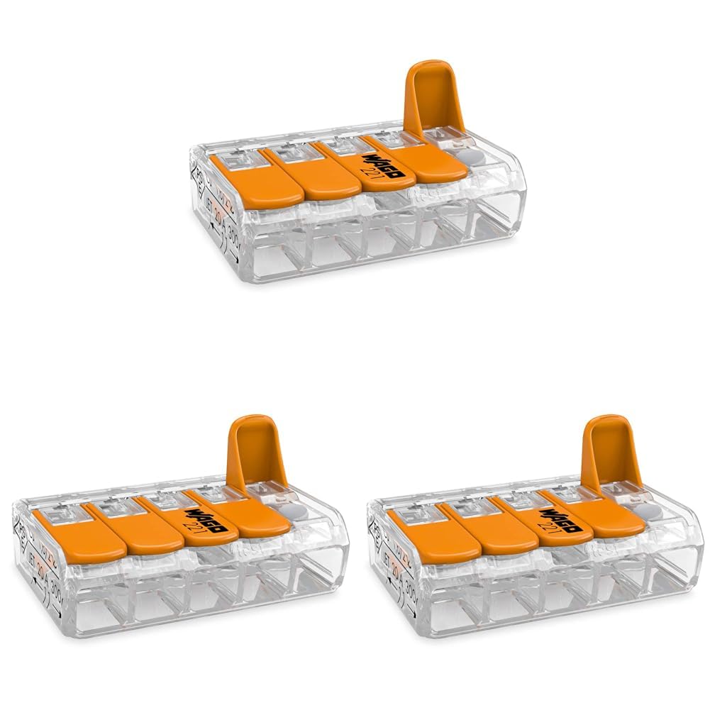 WAGO Klemme, 4 mm², Verbindungsklemme mit Hebel, 221-415 (25 Stück), Transaprent, 5-Leiter, 3er Pack