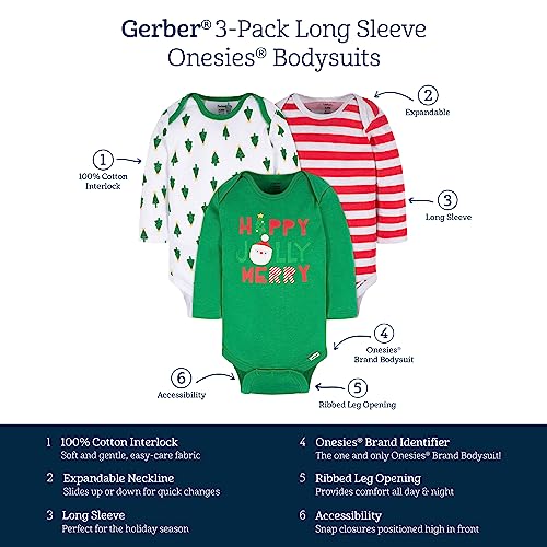 Gerber Baby 3-Pack Holiday Long-Sleeve Onesies, Happy Jolly, 3-6 Months - image 6