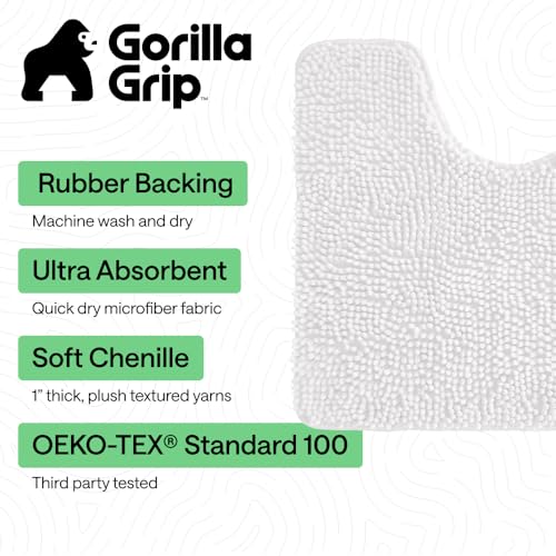 Image of GORILLA GRIP Bathroom Rug Sets 3 Piece, Bath Mat Set and Oval Toilet Base with Rubber Backing, Plush Absorbent Shaggy Chenille Washable Mats, Includes 24x19.5, 24x17 and 30x20 Inch Rugs, White