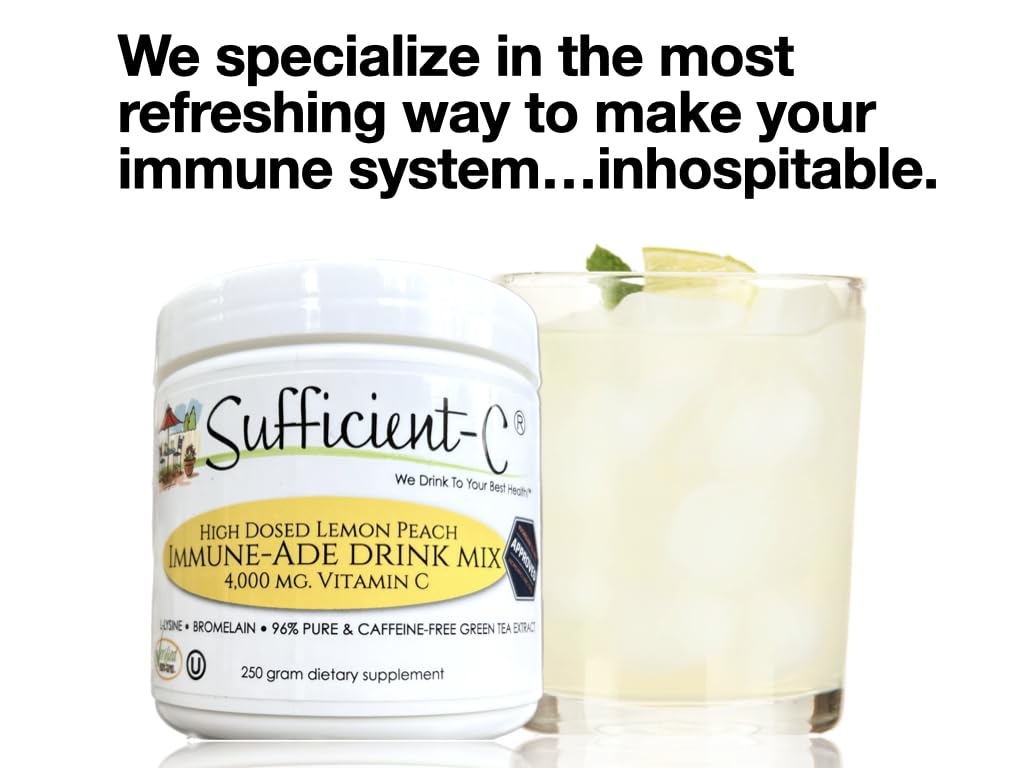 Sufficient-C High Dose Non-GMO Vitamin C - Lemon Peach Immune-Ade Drink Mix 250 Grams - Healthy Hydration Like Never Before (2 Pack)