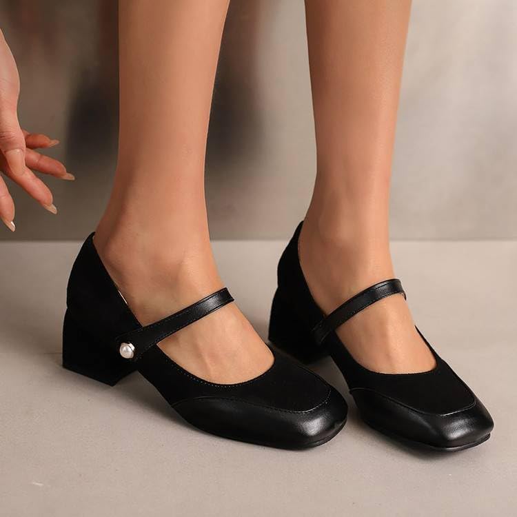 Women Vintage Mary Jane Pumps Square Toe Block Heels with Color Block4