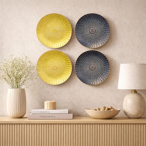 Image of Art Street Set of 4 MDF Decorative,Wall Hanging Plates for Home,Living Room,Hotel Bedroom And Office Decor Show Pieces (Blue & Yellow, Size 8 x 8 Inch)