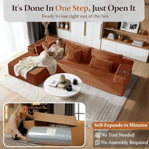 Image of 108 inch Cloud Sectional Couch, Comfort L Shaped Boneless Couch for Living Room, Extra Deep Seats No Assembly, Minimalist Modular Sofa, Corduroy (Deep Orange, 2 Seater+Left Facing Chaise)