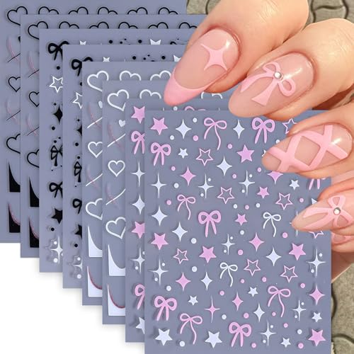 8 Sheets Heart Bow Star Nail Stickers for Nail Art 3D Self-Adhesive Black Pink White Cute Bow Nail Design Hollow Out Hearts Stars Nail Art Supplies French Stripe Nails Charms for DIY Manicure Decor
