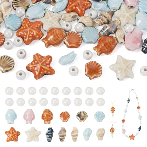 Cheriswelry Lot de 46 perles en porcelaine faites à la main sur le thème de l'océan - Étoile de mer, coquillage, poisson - Perles d'espacement en...
