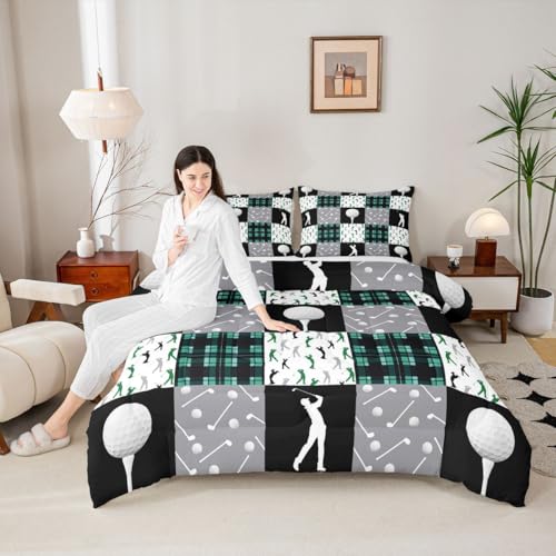 Image of Feelyou Golf Comforter Set Full Size Black Green Plaid Buffalo Check Geometric Bedding Set for Kids Boys Girls Sports Theme Duvet Quilt Bedroom Decor Microfiber 3 Pcs with 2 Pillow Cases