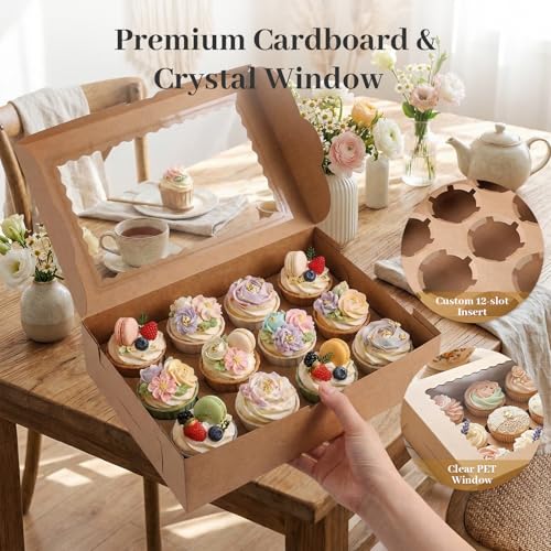 Image of VGOODALL 6 PCS Cupcake Containers, 12 Count Cupcake Holders with Window | Kraft Boxes Holding 72 Pastry for Birthday Holiday, Party Bakery Supplies