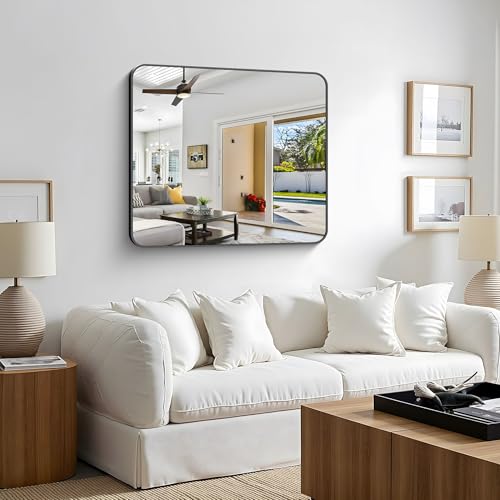 Image of Bathroom Mirror, 36 x 30 inch Metal Framed Black Rectangle Mirror, Rounded Corner Rectangular Vanity Mirror, Wall Mounted Mirror for Modern Bedroom Living Room Hangs Horizontal or Vertical