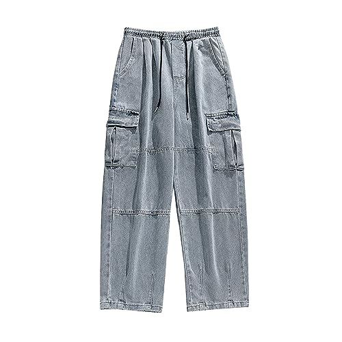 Jeans multi-poches lâche et droit pour homme avec cordon de serrage confortable