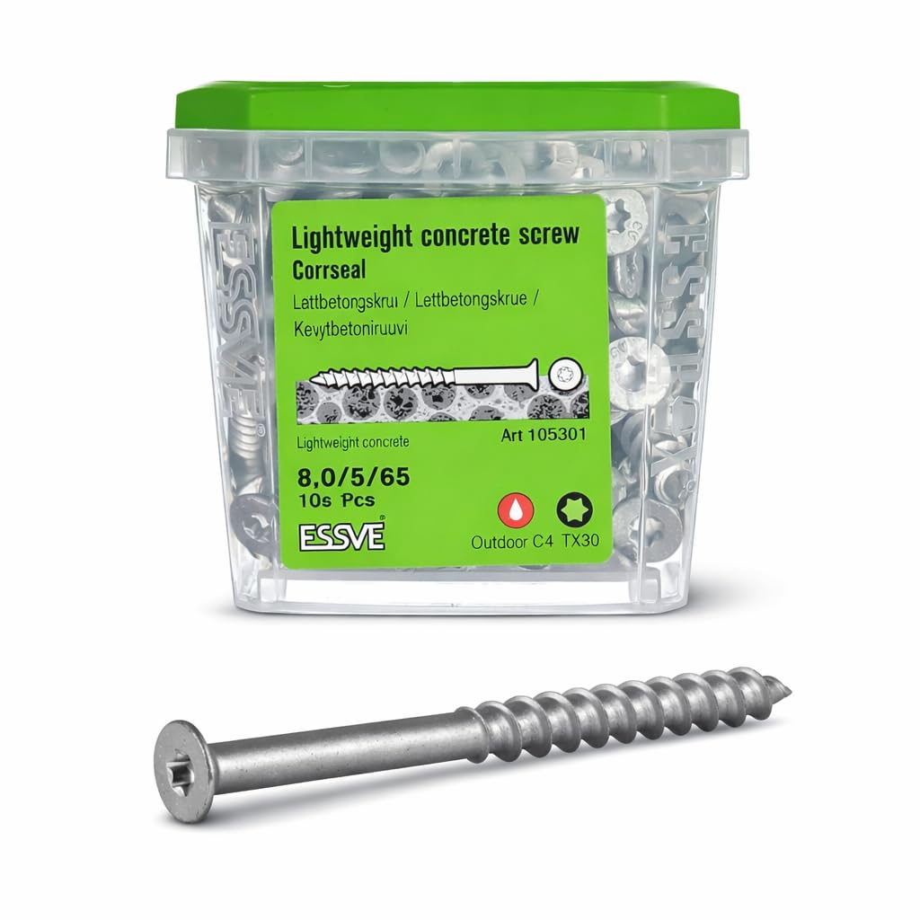ESSVE Tornillos de hormigón 8,0 x 110 mm C4 (CorrSeal) – para hormigón aireado y hormigón celular (Ytong, Siporex, Leca) – TX30 – Acero endurecido – sin perforación previa – ESSBOX + sistema