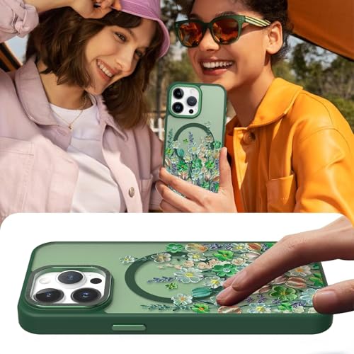 Image of Magnetic for iPhone 15 Pro Max Case with for Women, Green Floral | Pretty Oil Painting Flower Pattern Design [Compatible with MagSafe] Shockproof Slim Translucent Matte Non-Slip Cover