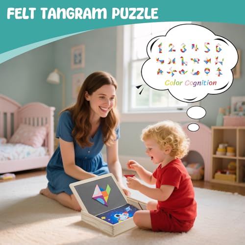 Image of Sensory Board for Toddlers & Kids - Wooden Sensory Sequin Box with Flip Mats, Space Felt Puzzle & Tangram | Montessori Sensory Toy for Calm Down Corner, Autism, Classroom & Daycare