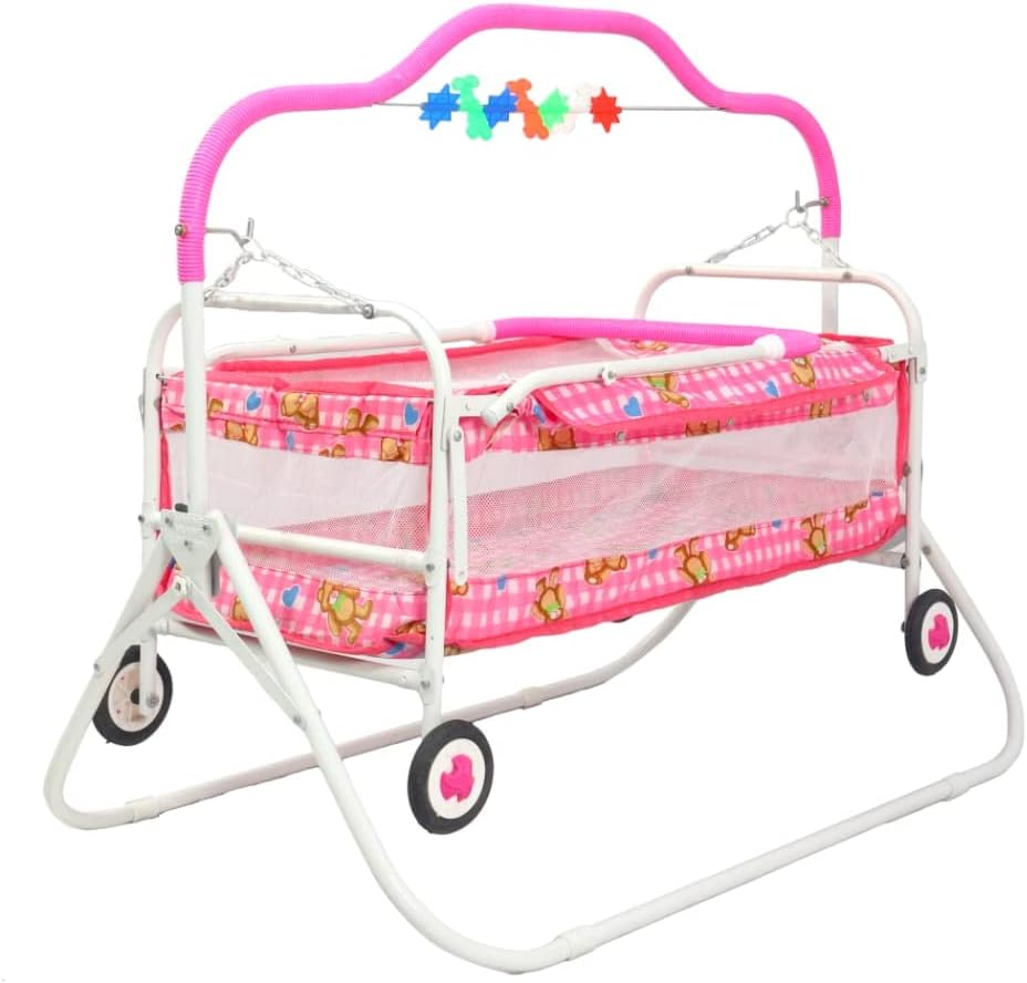 BABYBLESSING Baby Cradle with Swing and Mosquito Net | with 4 Wheels | Foldable & Movable | Sturdy and Safe | Durable | Jhulla | Palna | with Hanging Hammock | 0-15 Months | Pink, Iron