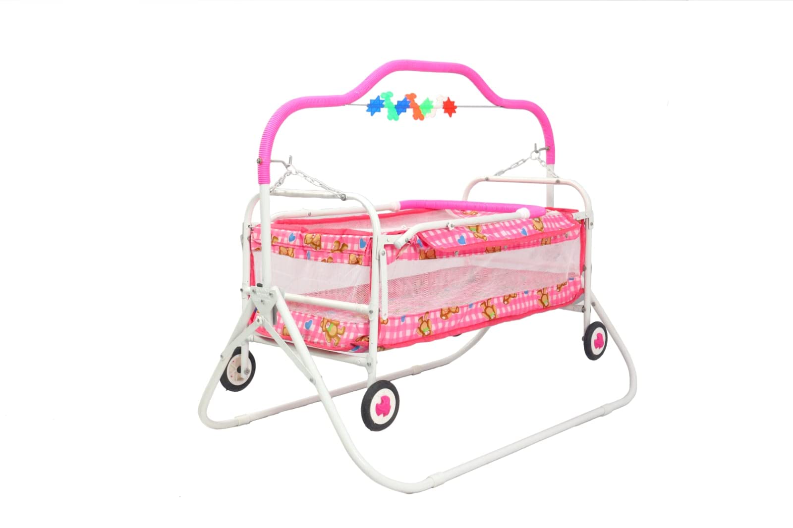 BABYBLESSING Baby Cradle with Swing and Mosquito Net | with 4 Wheels | Foldable & Movable | Sturdy and Safe | Durable | Jhulla | Palna | with Hanging Hammock | 0-15 Months | Pink, Iron