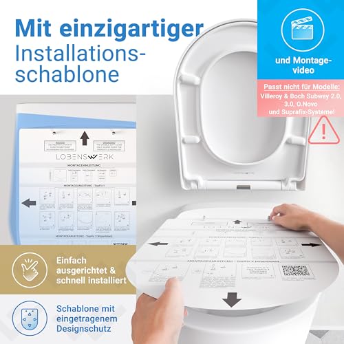 LOBENSWERK WC Sitz D Form [LANG] einfache Montage | Toilettendeckel mit Absenkautomatik | WC-Sitz D-Form, Klodeckel, Klobrille, antibakteriell & UV-beständig inkl. Installationsschablone