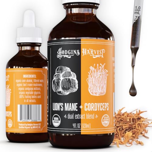 Hodgins Harvest Organic Lions Mane + Cordyceps Tincture | Made with Mushrooms Grown On Our Farm in The USA | Dual Extract | Extra-Concentrated (4 fl oz)
