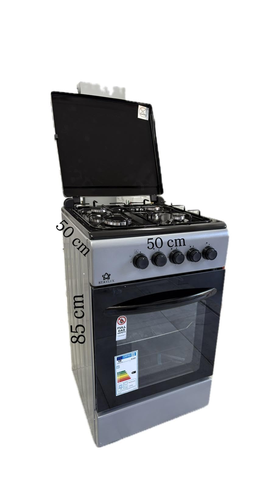 Cucina A Gas 4 Fuochi Con Forno A Gas 50 x 50 cm Colore Grigio e Nero Con Coperchio