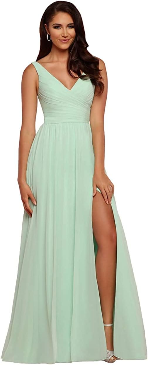 Women's Bridesmaid Dress with Slit V-Neck A Line Long Chiffon Pleated Prom Dress