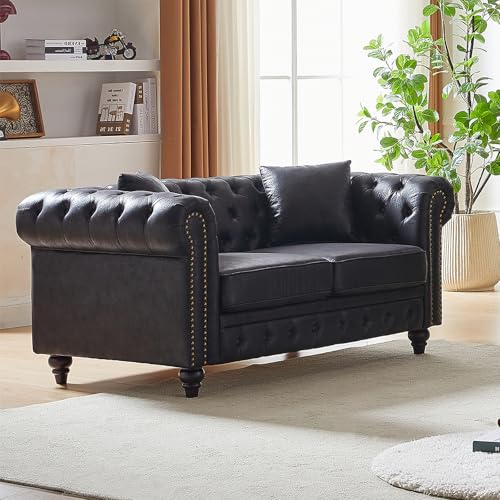 Image of Mid Century Modern Loveseat Sofa, 63.5 inchW Faux Leather Button Tufted Small Couch with Nailhead Trim & Roll Armrest, Upholstered Comfy Chesterfield Sofa for Living Room, Office(2 Seater, Black)