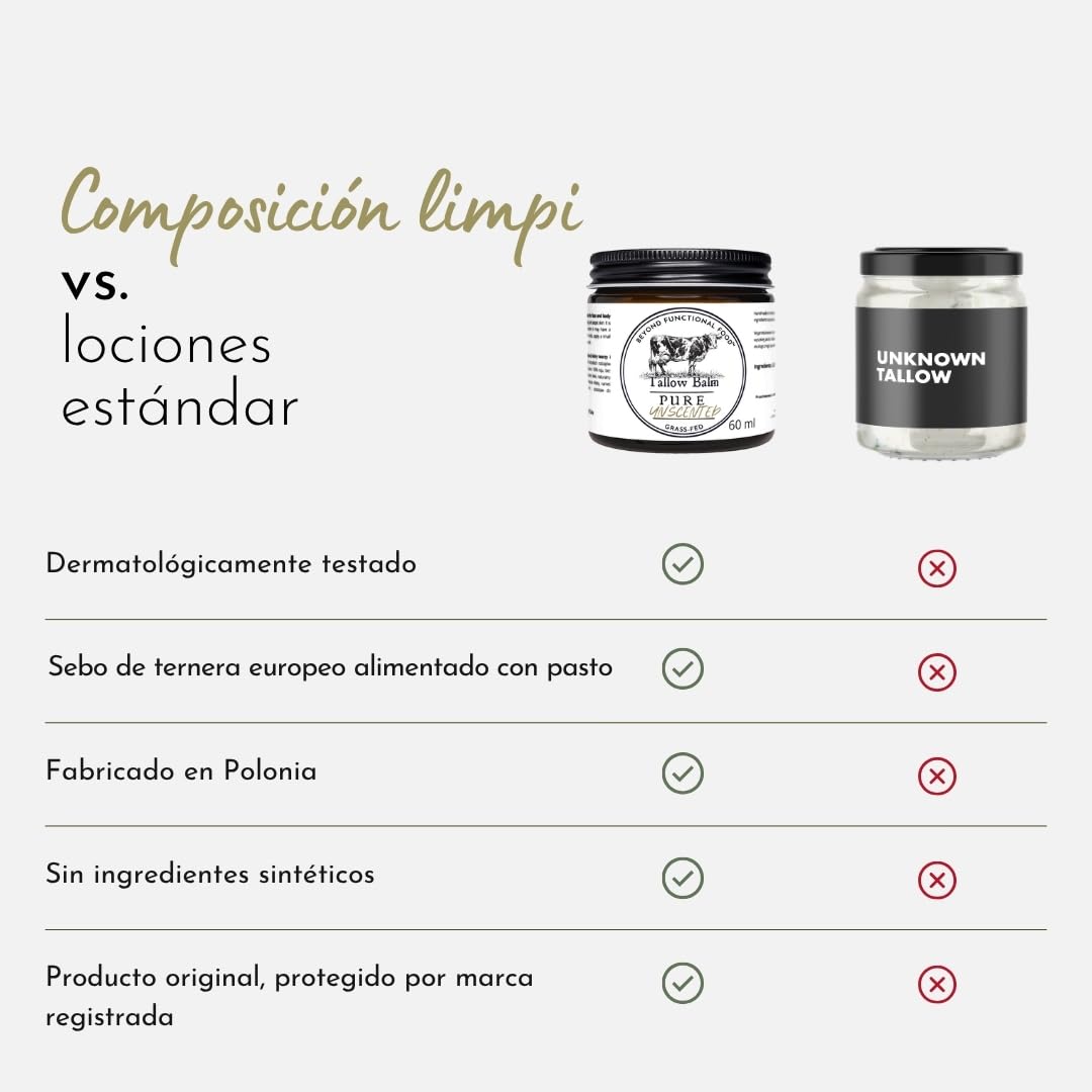 Bálsamo Hipoalergénico Pure Unscented Tallow 120 ml, bálsamo hidratante natural con sebo de vacuno grass‑fed para piel sensible y alérgica