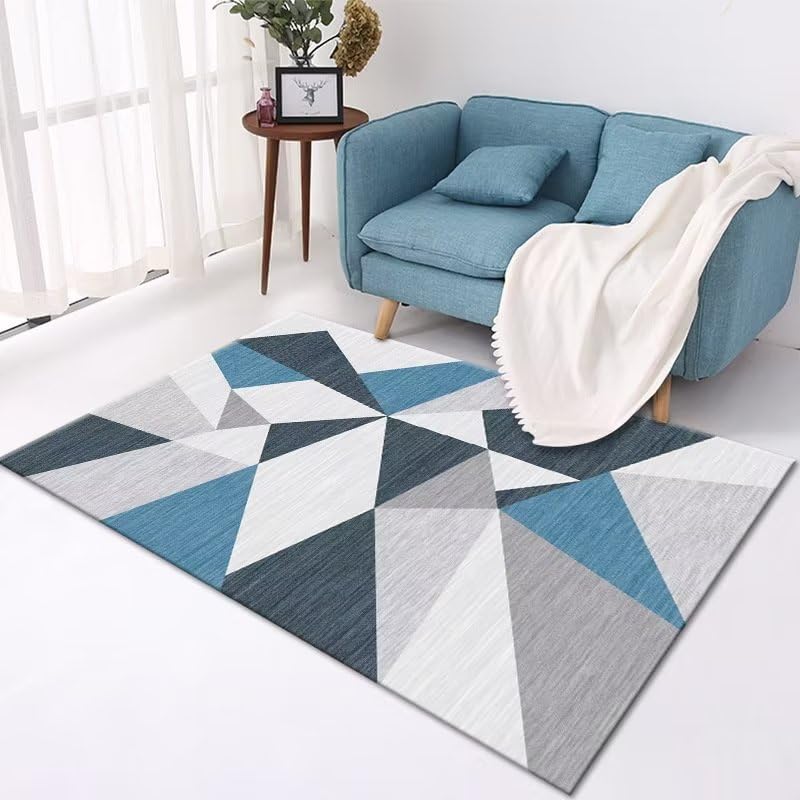 Tapis de chambre adulte bleu géométrique 200x250 cm lavable et antidérapant