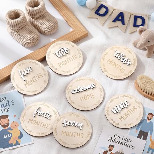 Image of 7 Pack Baby Monthly Milestone Signs, Double Sided Baby Milestone Signs Wooden Baby Announcement Sign for 1-12 Months Baby Milestone Pictures
