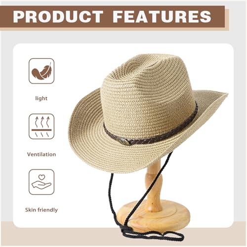 Image of Straw Cowboy Hats Western Cowgirl Hat for Holiday Woven Beach Sun Hat with Shapeable Wide Brim Cowboy Hat for Women /Men