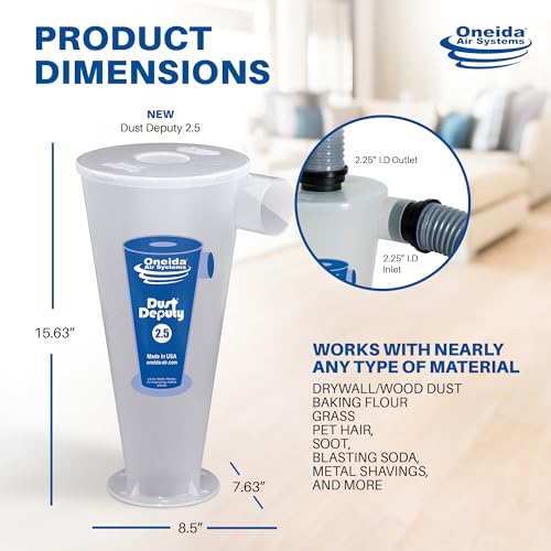 Image of Oneida Air Systems Dust Deputy 2.5 DIY Cyclone Separator Attachment with Adapters for Wet and Dry Shop Vacuums, Accessory Only, Clear
