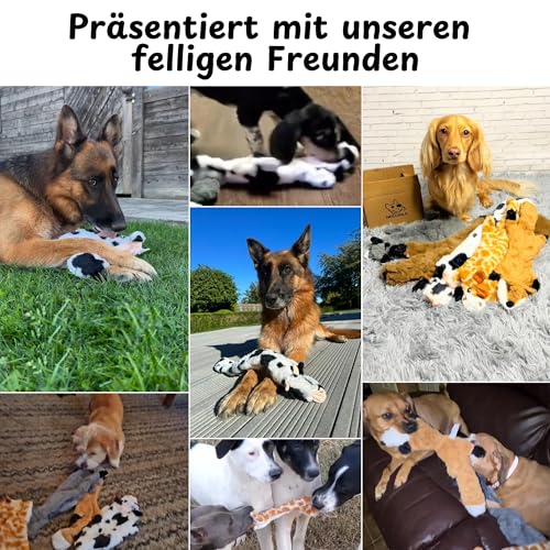 Nocciola 2 Pack Crinkle Quietsch-Hundespielzeug mit Lanlebigem Stoff, Unzerstörbares Plüschspielzeug, Hundespielzeug Set ohne Füllung, für Welpen, Kleine bis Große Hunde (Kuh & Hirsch)